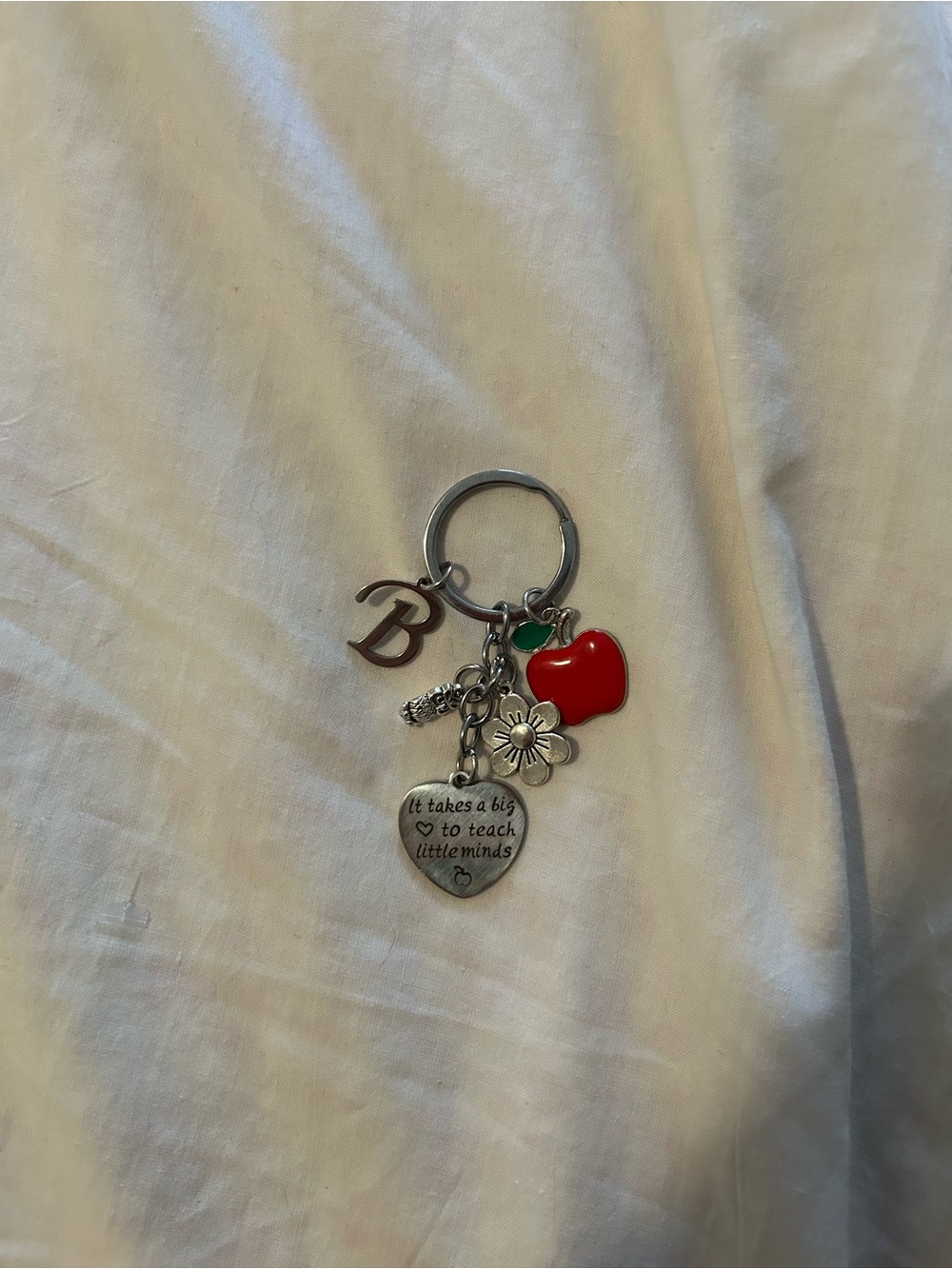 Teacher-Themed Silver Keychain with Red Apple Charm